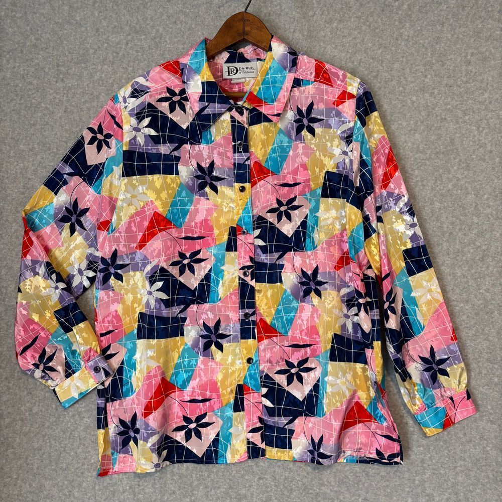 Vintage Da-Rue of California 80s Shiny Multicolor Floral Blouse Top Women's 18